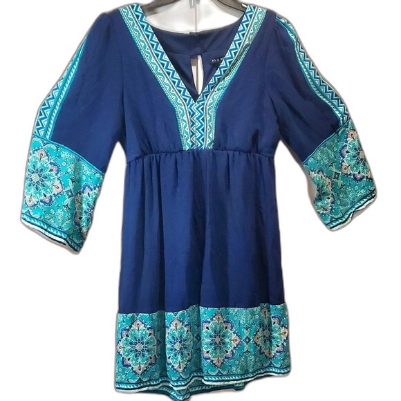 Boho Floral V-Neck Bell Sleeve Tunic Dress – Blue Teal – Small – Festival Style - Picture 2 of 7